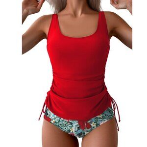 Tankini Swimsuit Ruched Red Top Floral Hawaiian Bottom Size Med NWT #2076